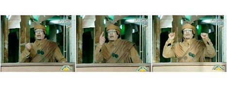 Libyens ledare Moammar Gaddafi talade i tv. Foto: AP/Scanpix