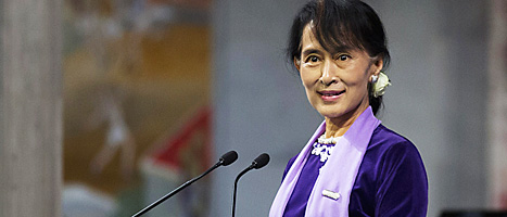 Aung San Suu Kyi håller tal i Oslo. Foto: Daniel Sannum Lauten/Scanpix