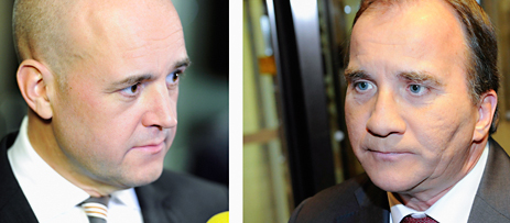 Statsminister Fredrik Reinfeldt och Socialdemokraternas ledare Stefan Löfven möttes i en debatt i tv på måndagen. Foto: Erik Mårtensson/Scanpix.