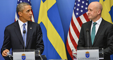 Barack Obama och Fredrik Reinfeldt möttes på statsministerns kontor i Stockholm. Foto: Scanpix