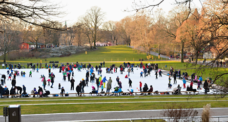 Folk åker skridskor i Vasaparken i Stockholm. Det är snöfritt och varmt.
Foto: Henrik Montgomery/TT.