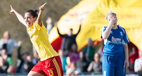 Christen Press i Tyresö jublar över mål mot Birmingham. Foto: Fredrik Sandberg/TT.