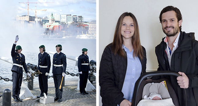 Två bilder sitter ihop. Den första visar soldater som avfyrar kanoner. Den andra visar Sofia, Carl Philip och deras barn som sitter i ett babyskydd.
