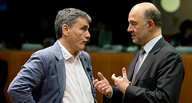 Greklands finansminister och EUs ekonomiminister pratar med varandra.