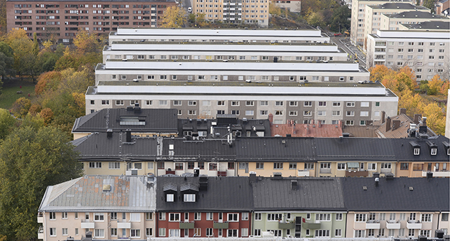 En bild från himlen över hustak i Stockholm.