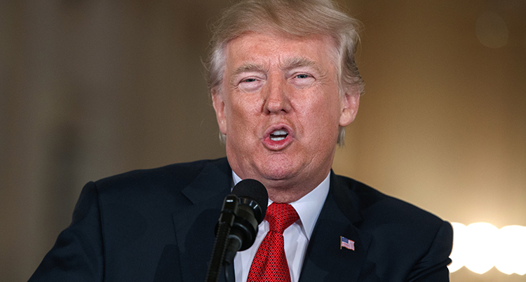 Donald Trump pratar i en mikrofon.