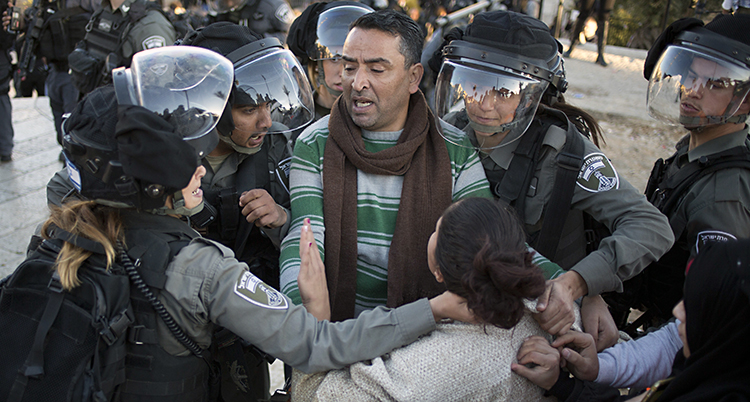 Poliser från Israel knuffar bort en palestinier.