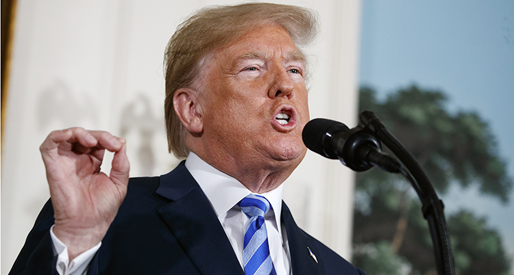 Donald Trump pratar framför en mikrofon.