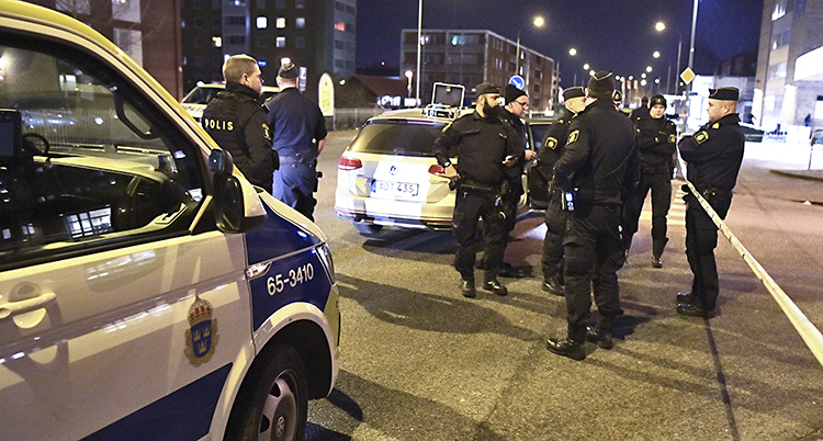 Poliser samlade vid en polisbil en kväll