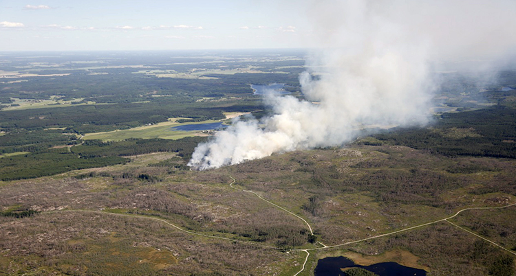 En bild från ett flygplan med rök långt borta