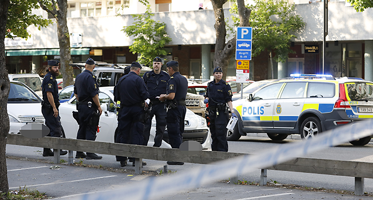 Poliser står på en gata och pratar med varandra