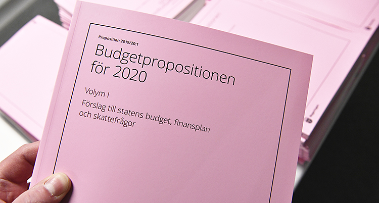 Ett rosa häfte med texten Budgetproposition för 2020