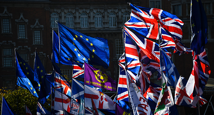 Många flaggor vajar i vinden utanför riksdagens hus i London i Storbritannien. Man ser bland annat EU:s flagga och Storbritanniens flagga.