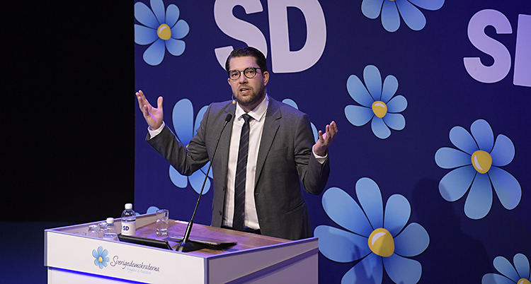 Åkesson har glasöngon och kavaj och står framför en vägg med partiets symbol, en blåsippa