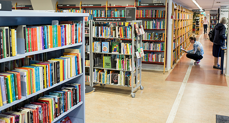 Flera hyllor med böcker på ett bibliotek.