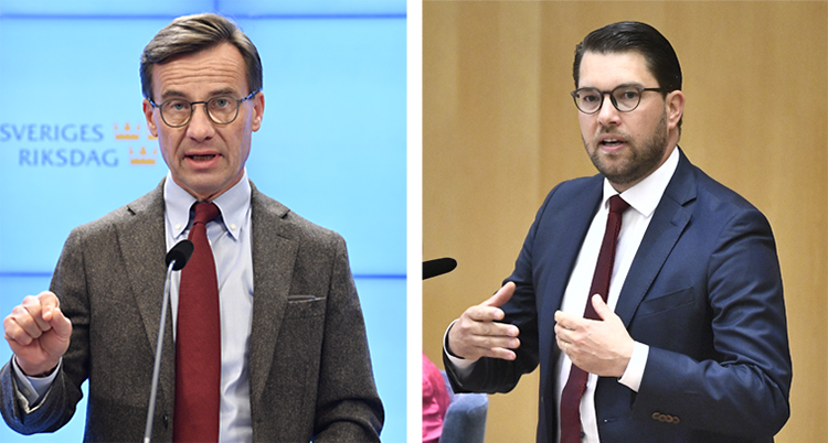 En delad bild. Till vänster Moderaternas ledare Ulf Kristersson. Till höger Sverigedemokraternas ledare Jimmie Åkesson.
