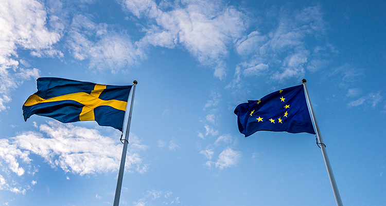 Bilden visar Sveriges flagga och EUs flagga mot en blå himmel med några moln. Sveriges flagga är blå med ett gult korts. EUs flagga är blå med gula stjärnor.