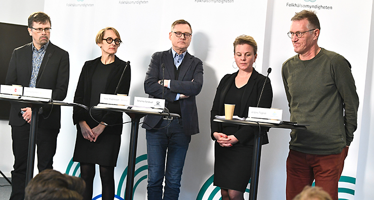 Fem personer står bredvid varandra. De pratar i mikrofoner.