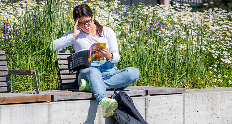 En ung tjej sitter i solen och läser i en kursbok. Bakom syns vita blommor