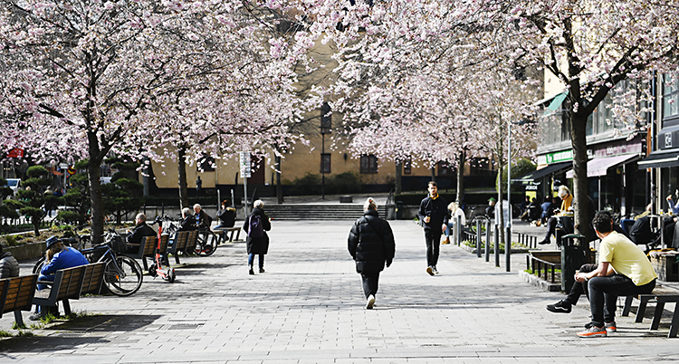 Folk promenerar utomhus men håller avstånd till varandra.