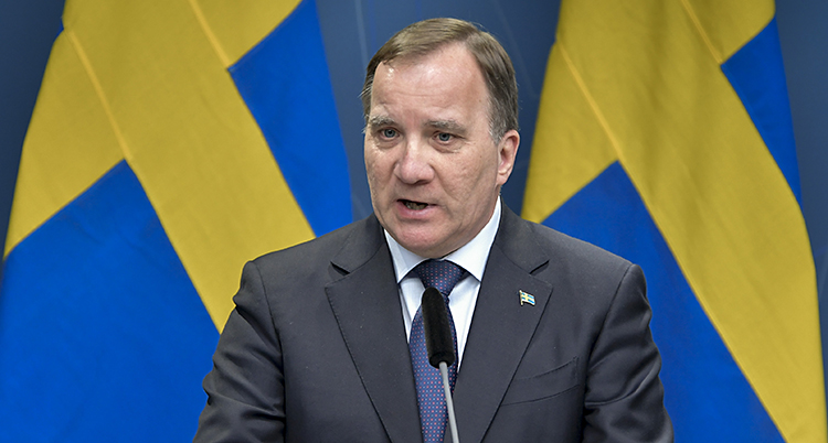 Stefan Löfven pratar med två svenska flaggor bakom sig.
