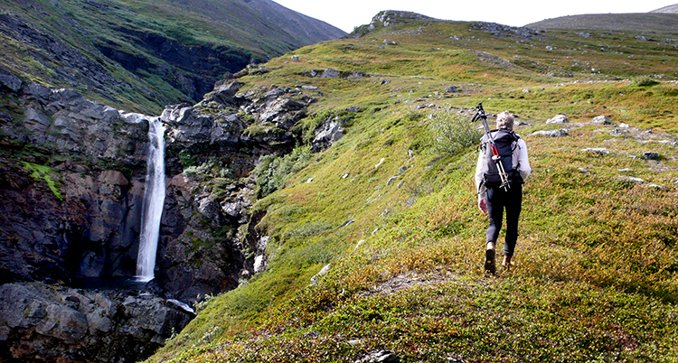 En vandrare går över fjället. Ett vattenfall och en ravin vid sidan.