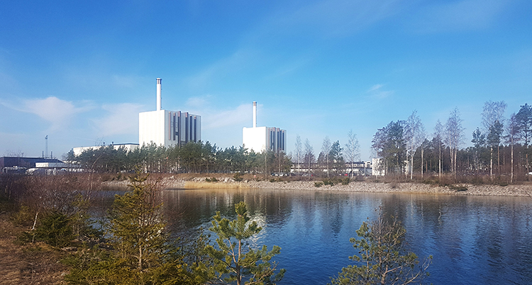 Bilden är tagen utomhus. Närmast i bilden ser vi några träd. Sedan kommer vatten. Bortanför vattnet ligger några stora byggnader.