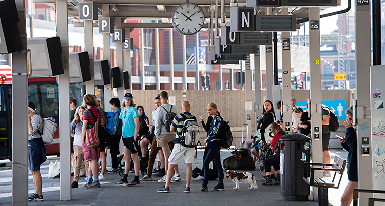 En massa människor står utomhus och väntar. De väntar på att bussar ska komma. De är på en terminal för bussar.