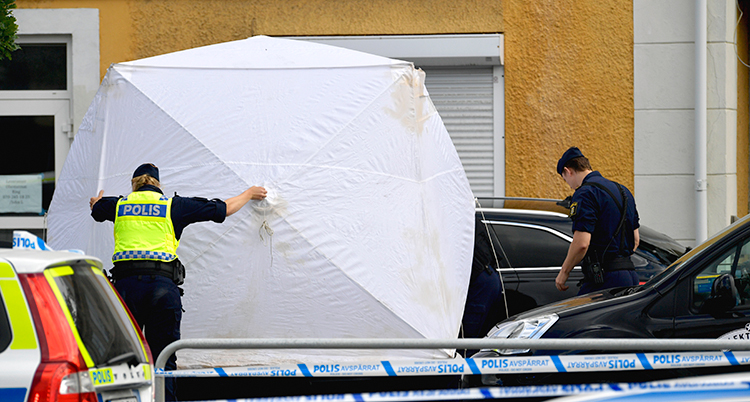 Poliser sätter ett vitt tält över bilen.