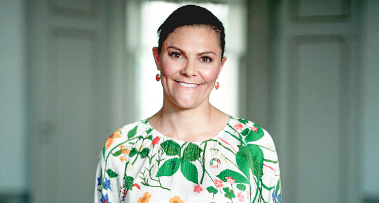 Kronprinsessan Victoria har en mönstrad tröja på sig och uppsatt hår.