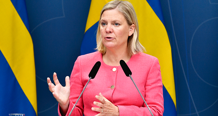 Hon har en rosa skjorta och två mikrofoner framför sig. Bakom henne syns Sveriges flagga.