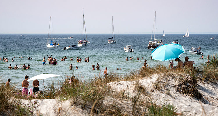 En sandstrand med människor och flera parasoller.