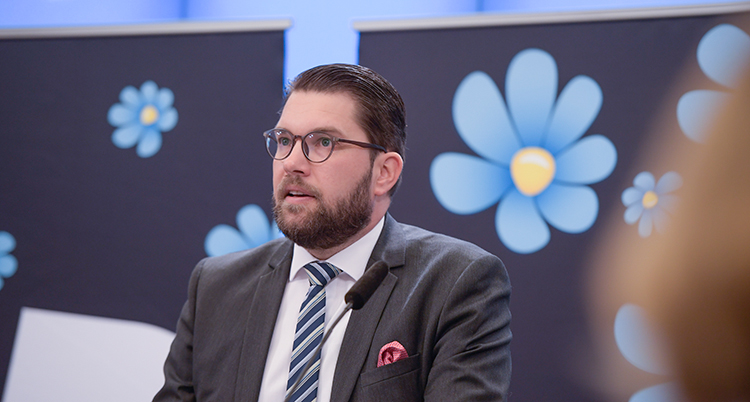 Åkesson talar. Bakom honom är bilder på partiets symbol, en blåsippa.