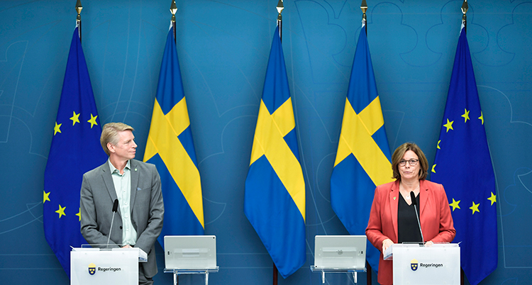 De står upp en bit ifrån varandra.. Bakom dem hänger flera svenska flaggor och EUs flaggor.
