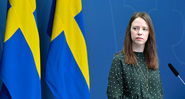 Hon är på en träff med journalister. Hon står framför en mikrofon. Hon har en grön blus med vita prickar. Bakom henne finns två svenska flaggor.