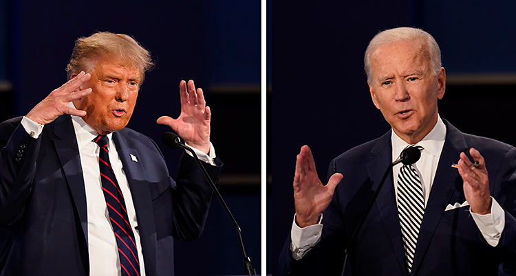 Till vänster står Donald Trump och pratar. Han har kostym. Till höger är Joe Biden. Han har också kostym.