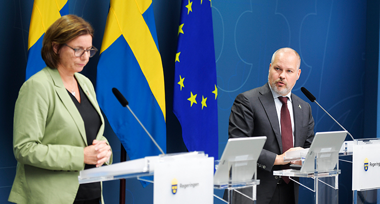 Lövin och Johansson står framför en svenska flagga och en eu-flagga och talar.