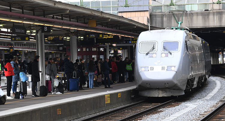 Vi ser ett tåg som rullar in på en station. På perrongen står människor och väntar.