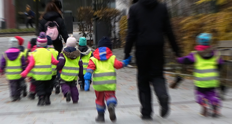 Förskolebarn i gula varselvästar håller varandra och ett par vuxna i händerna och är ute och går på en gata