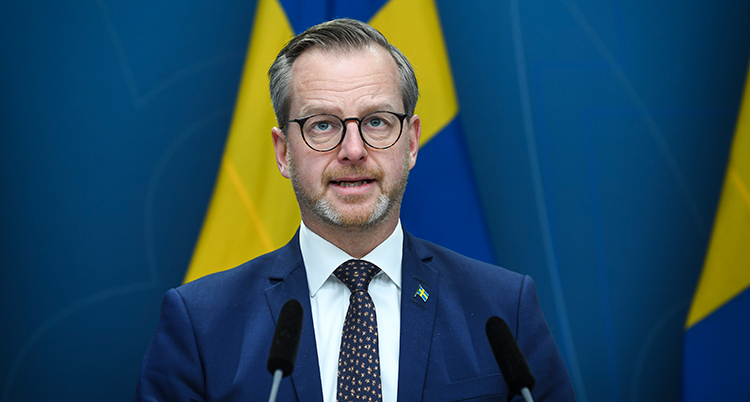 Mikael Damberg framför en svensk flagga.