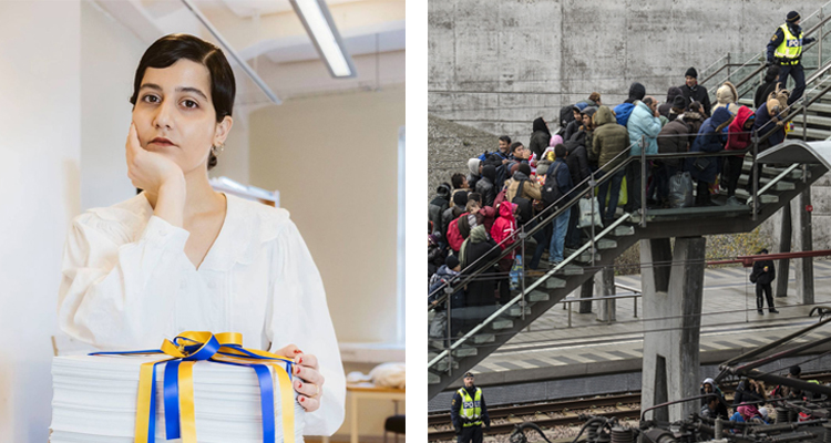 Två bilder. Den ena är på en kvinna framför en hög med papper. Den andra på många människor som går upp för en trappa på tågstationen i Malmö. De är flyktingar.