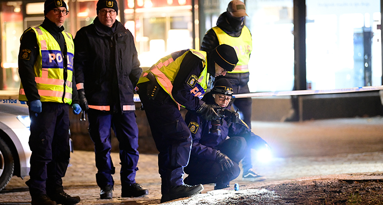 Fem poliser. Två av dem tittar in i kameran. Två huvar sig och tittar på marken. En har ficklampa. Den femte tittar pop dem. Det är mörkt.