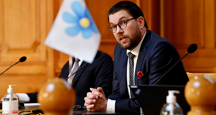 Åkesson ser bekymrad ut. Han sitter vid ett skrivbord med partiets flagga bredvid sig.