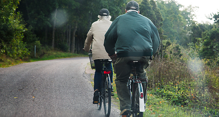 Bilden visar en väg på landet. En kvinna och en man cyklar på varsin cykel. Vi ser dem bakifrån.