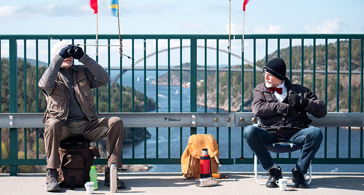 två män sitter på varsin stol på en bro. Havet syns bakom staketet. Han till vänster tittar i en kikare. Båda har ytterkläder och mössor. Framför dem står termosar och muggar.
