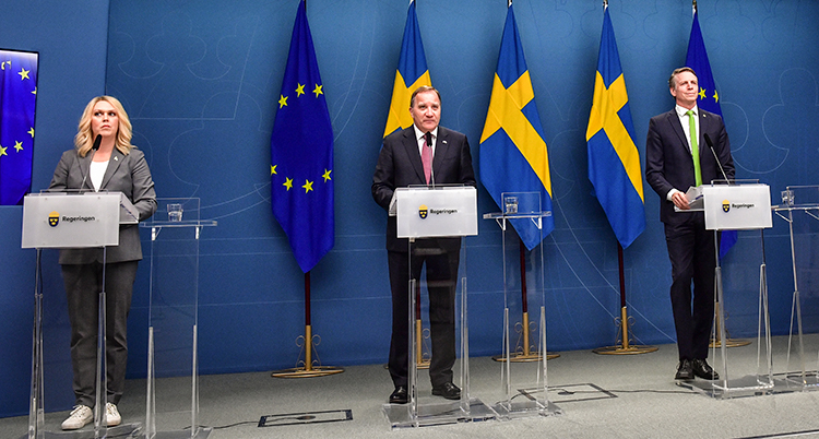 Ministrarna står bredvid varandra med någon meters lucka. De står vid varsin talarstol. Bakom dem är svenska flaggor.