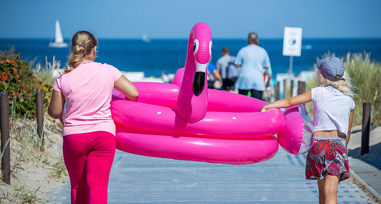 Två barn bär en stor, uppblåst badring som ser ut som en flamingo, mellan sig. De går mot en strand med ryggarna mot kameran.