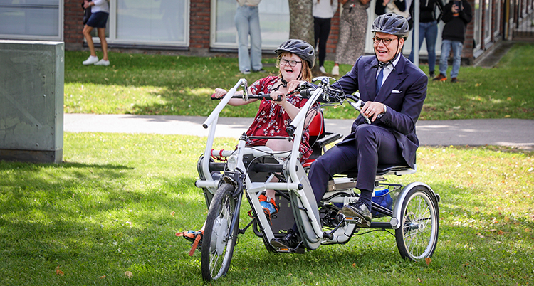 De sitter bredvid varandra på en trehjuling och trampar. De cyklar på en gräsmatta.