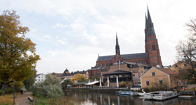 En bild från Uppsala. Vi ser en å och på andra sidan ån ligger en stor kyrka.