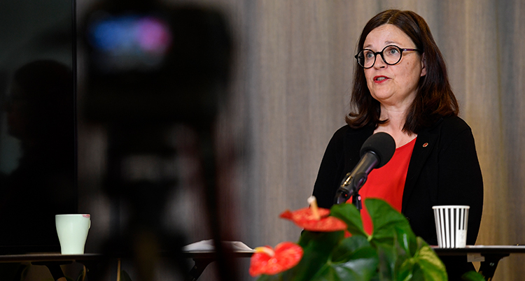 Ministern Anna Ekström talar till journalister.